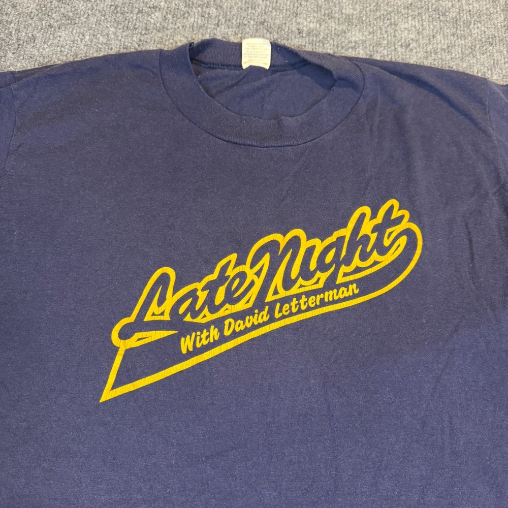 Vintage 80's Late Night With David Letterman Promo T-Shirt Navy Blue Mens Large
